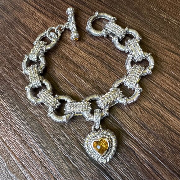 JUDITH RIPKA STERLING SILVER BRACELET w CITRINE HEART ENHANCER CHARM 7.5" Estate - Picture 4 of 16